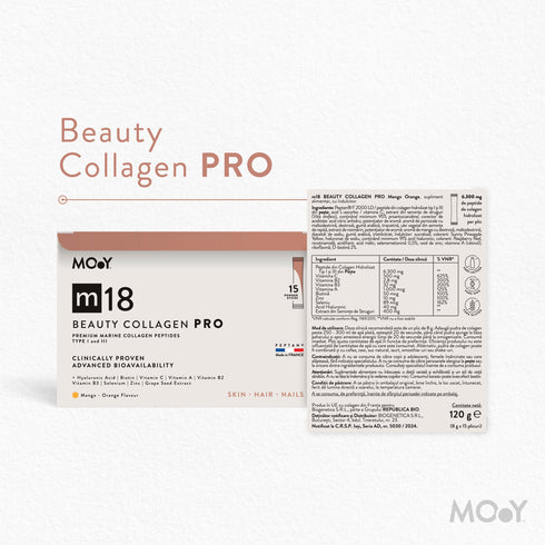 m18 PRO Colagen hidrolizat marin premium monodoza, dovedit clinic, beauty, 6.300mg tip I si III, aroma mango si portocale, 15 plicuri, 120 g, Molecules of Youth, natural